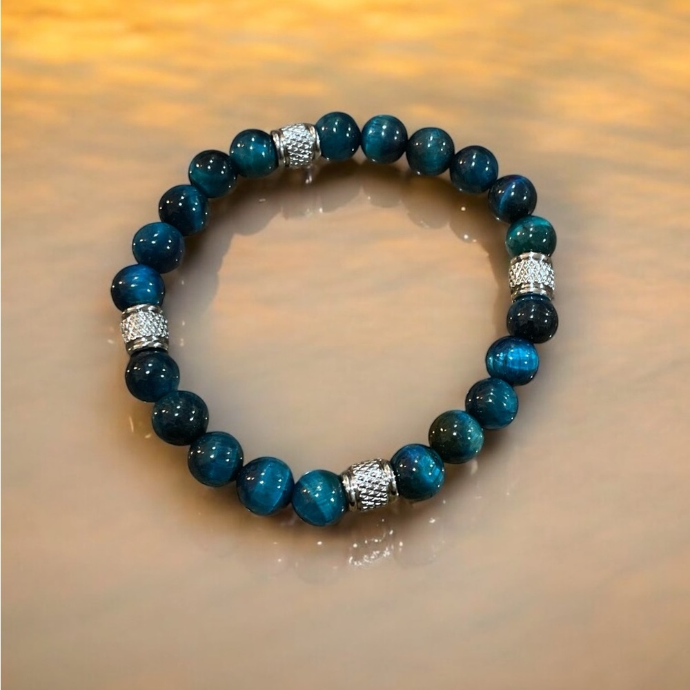 Elegant Tiger Eye Blue Beaded Bracelet with Silver Accents